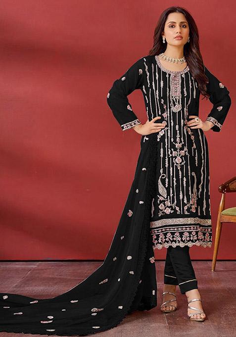 Black Embroidered Georgette Kurta Set