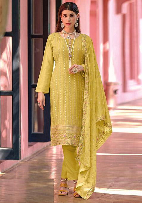 Yellow Embroidered Georgette Kurta Set