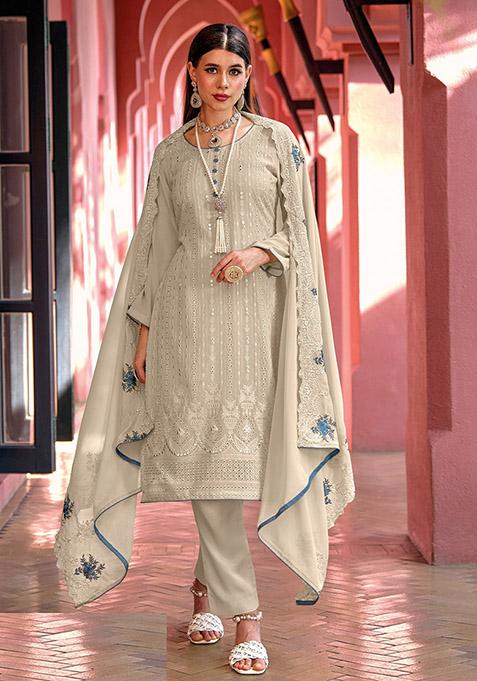 Beige Embroidered Georgette Kurta Set