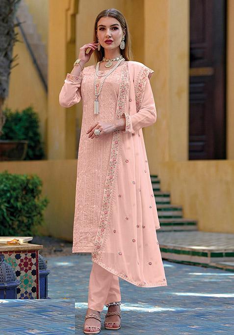 Peach Embroidered Georgette Kurta Set