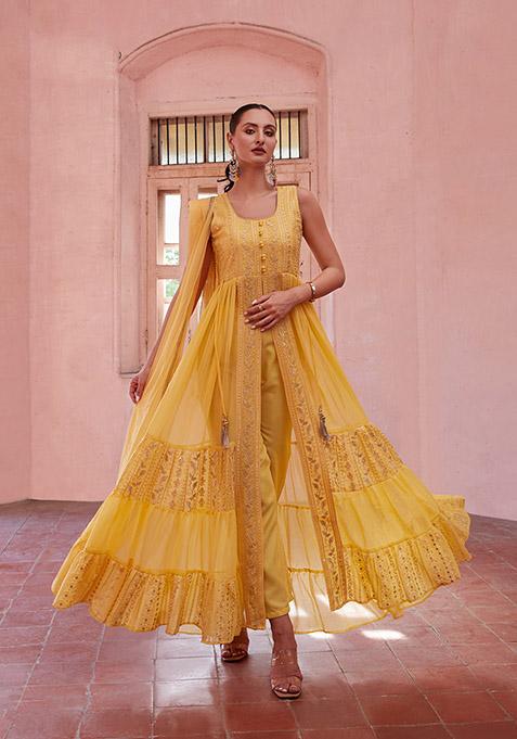 Yellow Embroidered Georgette Kurta Set