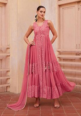 Rust Embroidered Georgette Kurta Set