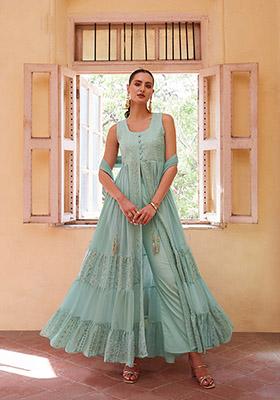 Turquoise Embroidered Georgette Kurta Set