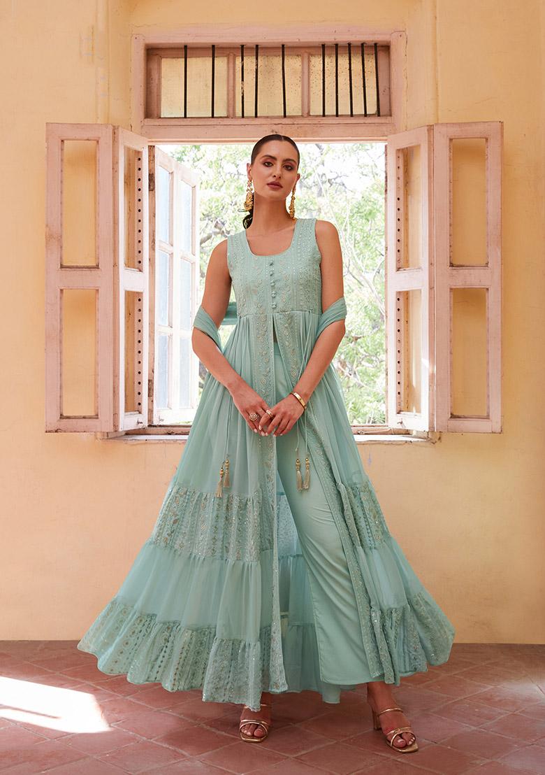 Turquoise Embroidered Georgette Kurta Set