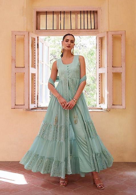 Turquoise Embroidered Georgette Kurta Set