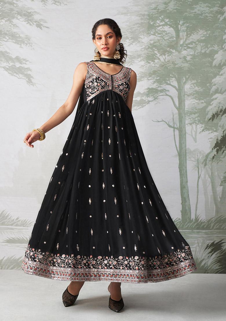 Black Embroidered Rangoli Georgette Kurta Set - Indya