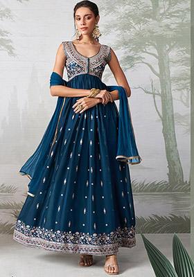 Teal Blue Embroidered Rangoli Georgette Kurta Set