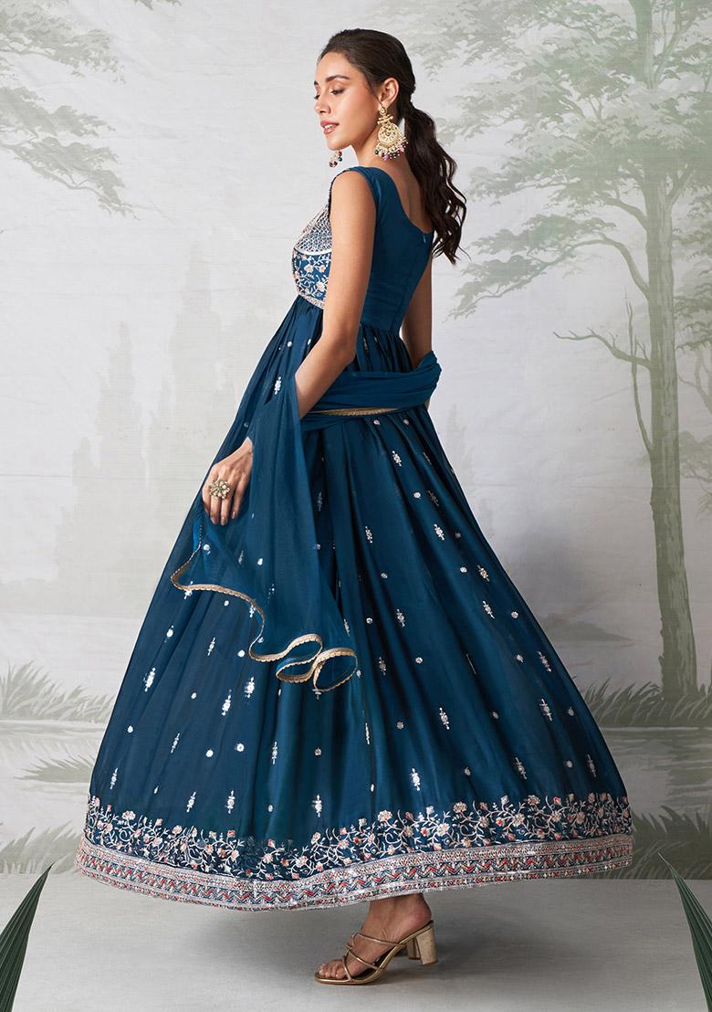 Teal Blue Embroidered Rangoli Georgette Kurta Set