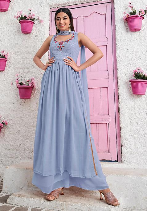 Sky Blue Embroidered Georgette Kurta Set