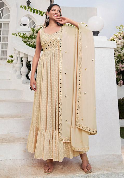 Beige Embroidered Georgette Kurta Set