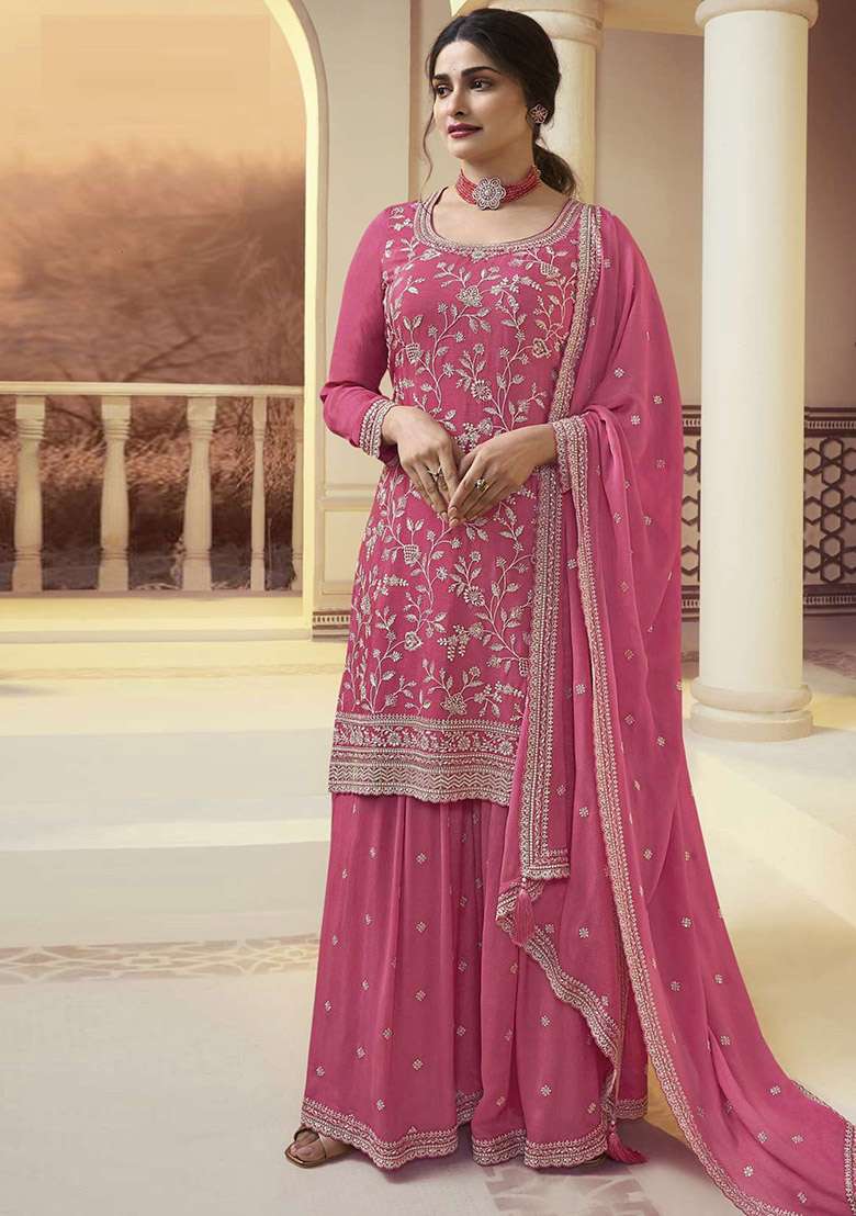 Pink Embroidered Chinon Kurta Set - Indya