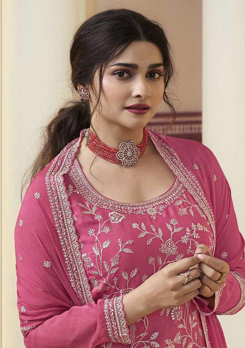 Pink Embroidered Chinon Kurta Set