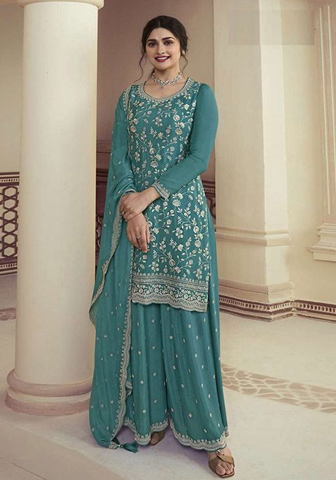 Blue Embroidered Chinon Kurta Set