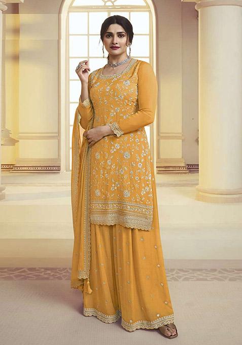 Yellow Embroidered Chinon Kurta Set