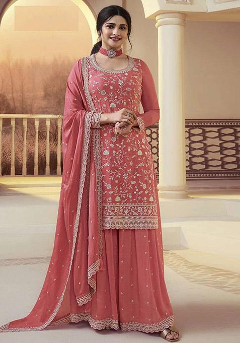 Peach Embroidered Chinon Kurta Set