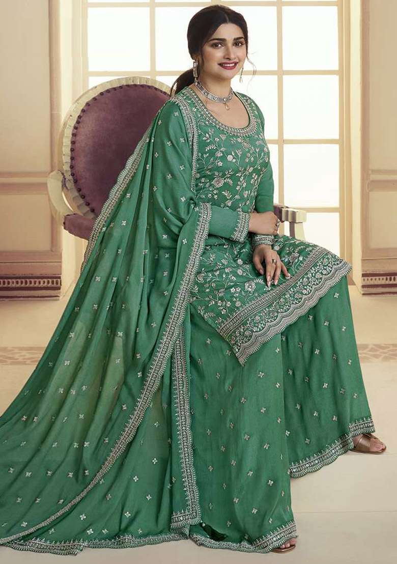 Green Embroidered Chinon Kurta Set - Indya