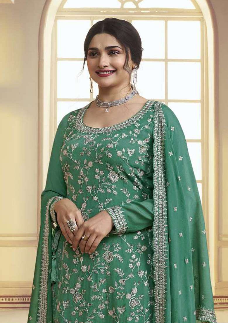 Green Embroidered Chinon Kurta Set - Indya