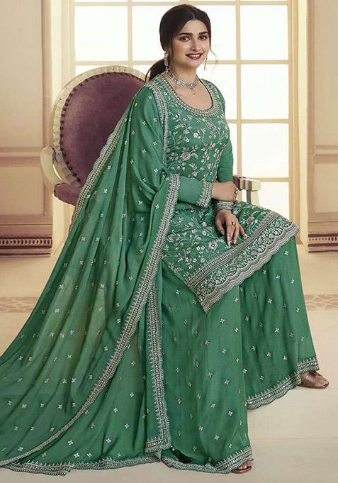 Green Embroidered Chinon Kurta Set