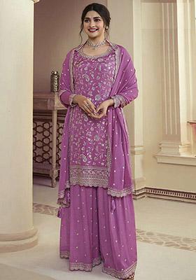 Purple Embroidered Chinon Kurta Set