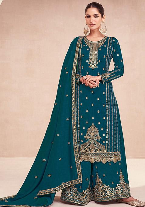 Rama Blue Embroidered Silk Kurta Set