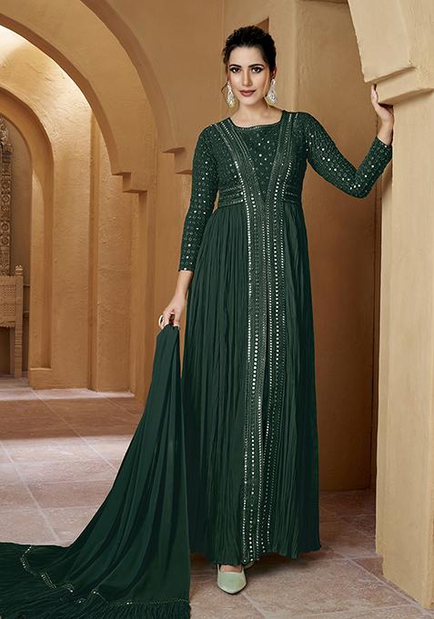 Green Embroidered Georgette Kurta Set