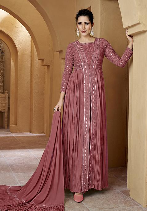 Light Maroon Embroidered Georgette Kurta Set