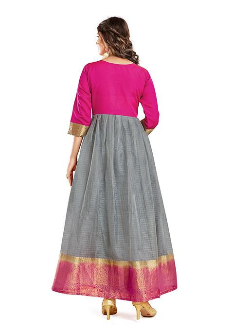Pink And Grey Woven Handcrafted Organza Kurta Set