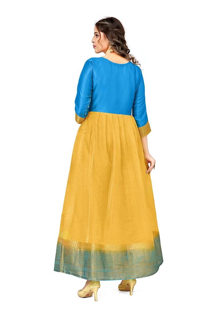 Blue And Yellow Woven Handcrafted Organza Kurta Set - Indya