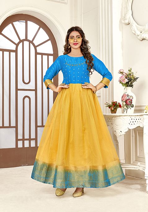 Blue And Yellow Woven Handcrafted Organza Kurta Set