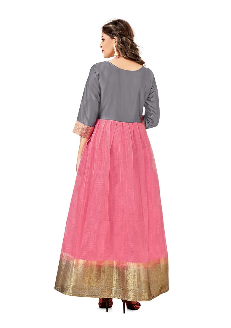Grey And Pink Woven Handcrafted Organza Kurta Set