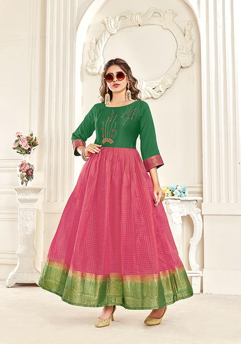 Green And Pink Woven Handcrafted Organza Kurta Set