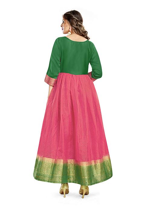 Green And Pink Woven Handcrafted Organza Kurta Set