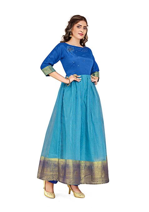 Blue And Turquoise Woven Handcrafted Organza Gown