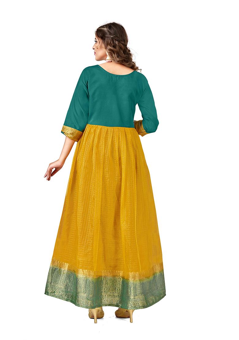 Teal And Yellow Woven Handcrafted Organza Kurta Set