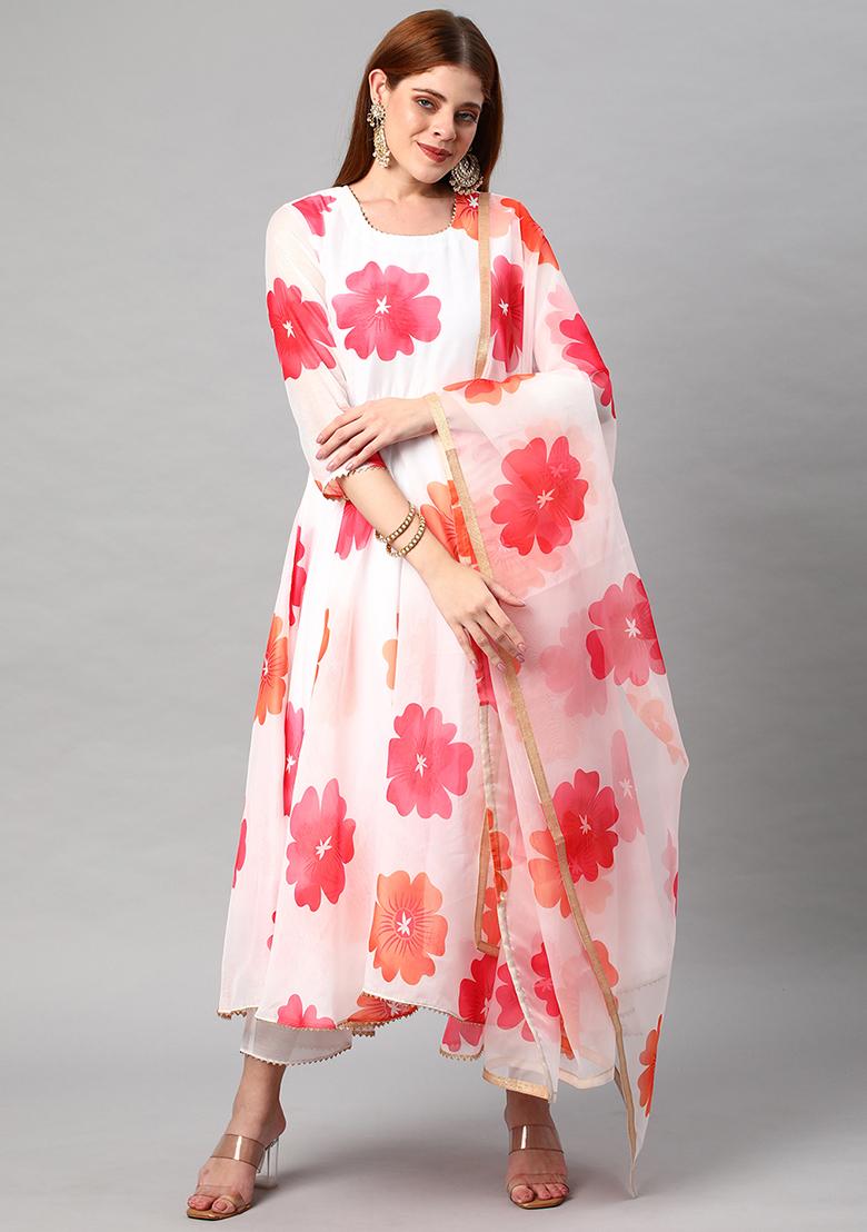 White Printed Rayon Kurta Set