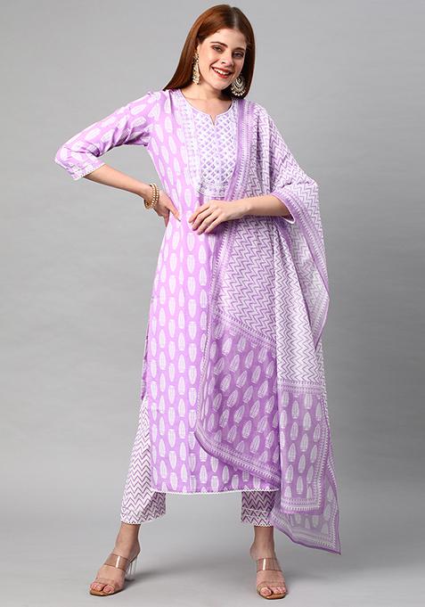 Purple Printed Rayon Kurta Set