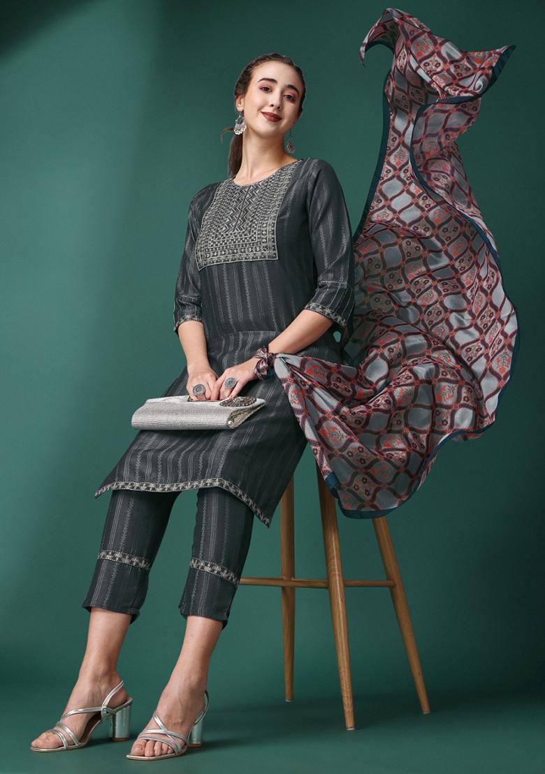 Dark Stone Grey Sequin Embroidered Chinon Kurta Set