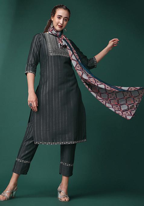 Dark Stone Grey Sequin Embroidered Chinon Kurta Set