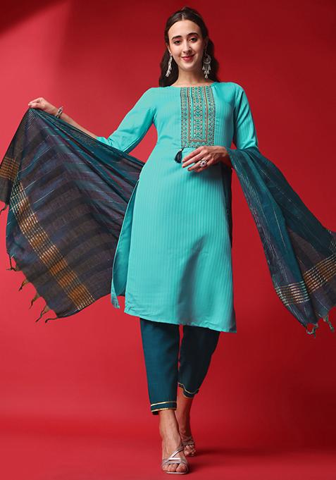 Sky Blue Sequin Embroidered Viscose Rayon Blend Kurta Set