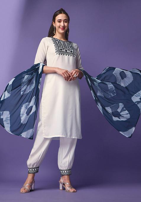 Off White Embroidered Viscose Rayon Blend Kurta Set