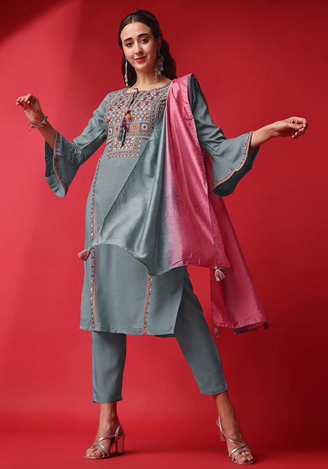 Grey Embroidered Viscose Rayon Slub Kurta Set