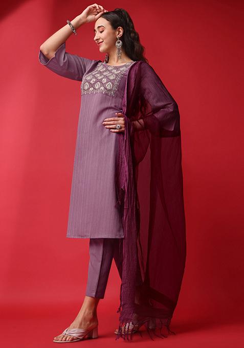 Purple Sequin Embroidered Silk Blend Kurta Set