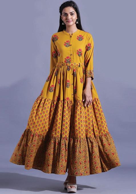 Mustard Digital Print Muslin Kurta Set