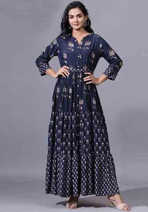 Navy Blue Digital Print Muslin Kurta Set