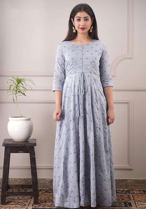 Steel Grey Foil Print Chanderi Kurta Set