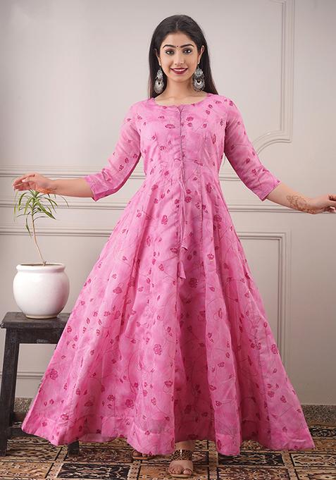 Pink Foil Print Chanderi Kurta Set