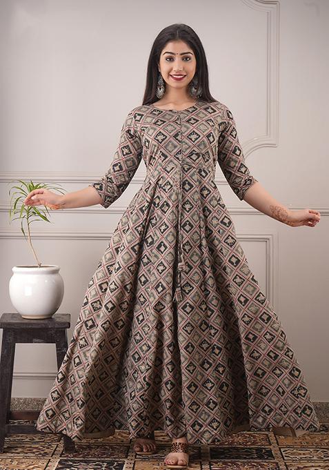 Beige Foil Print Chanderi Kurta Set