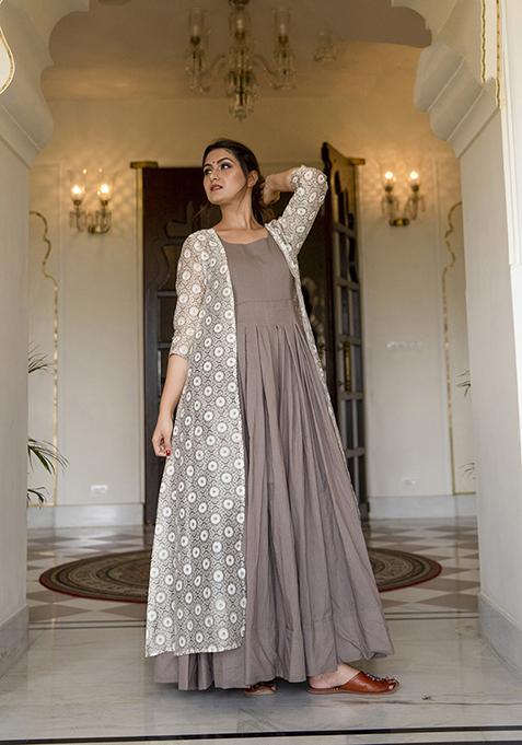 Grey Digital Print Muslin Kurta Set