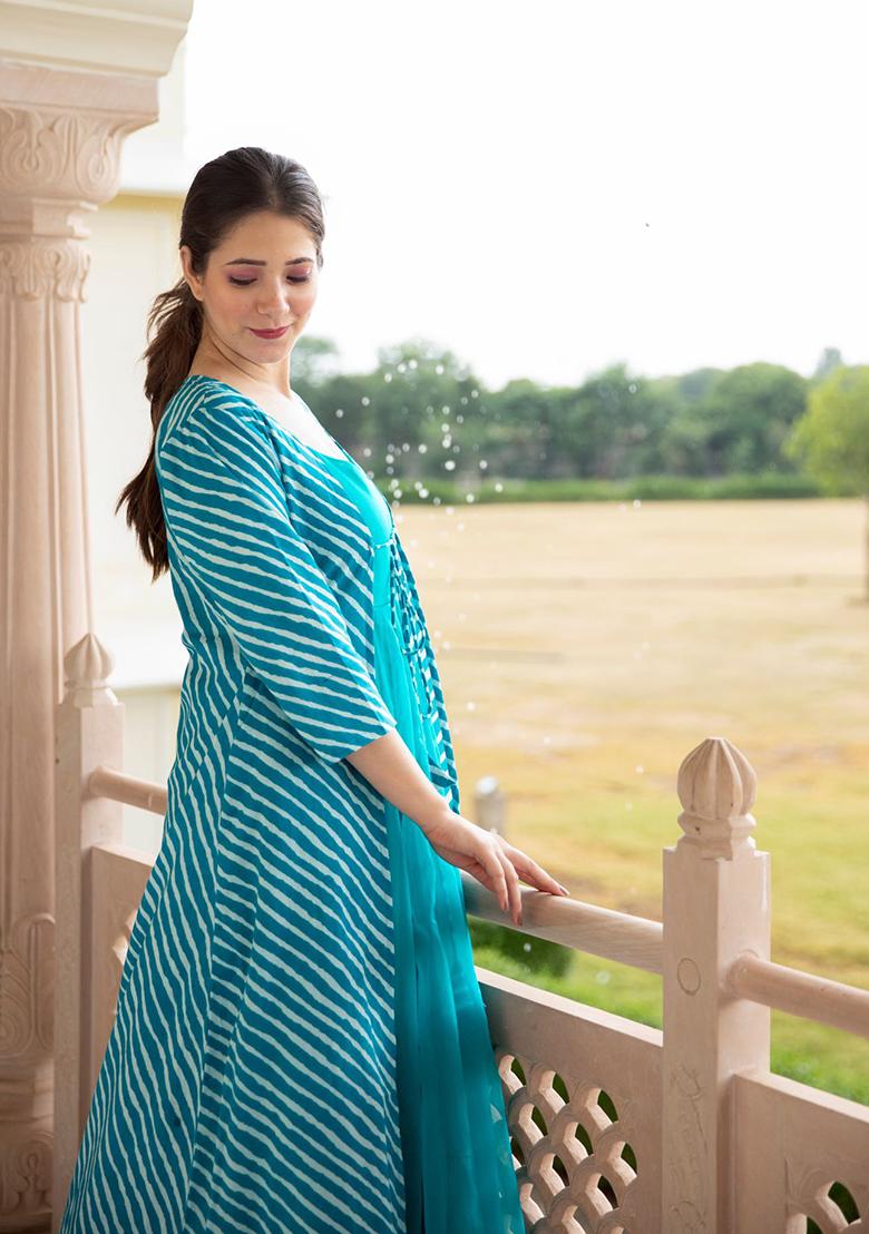 Teal Digital Print Muslin Kurta Set