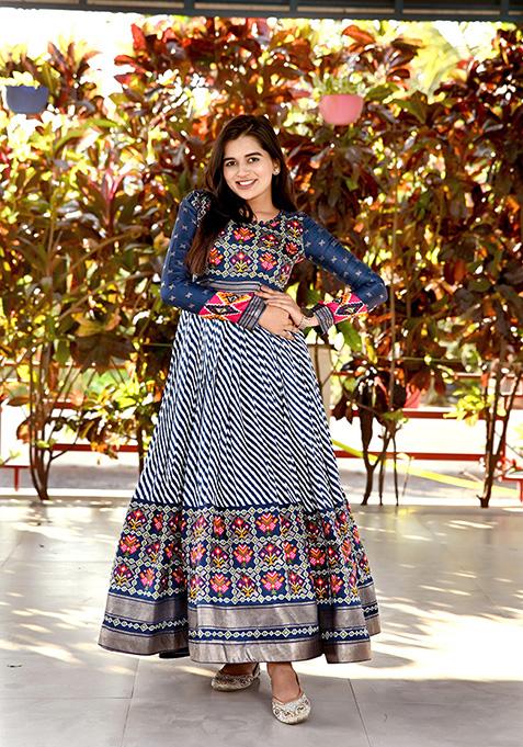 Blue Patola Foil Print Pashmina Silk Kurta Set